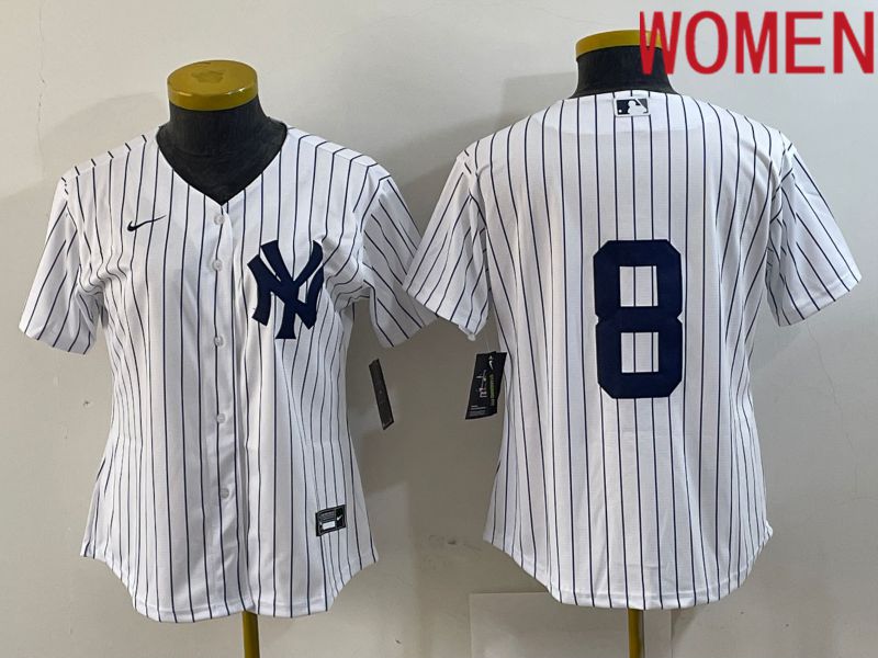 Women New York Yankees 8 No Name White Strip Game 2024 Nike MLB Jersey